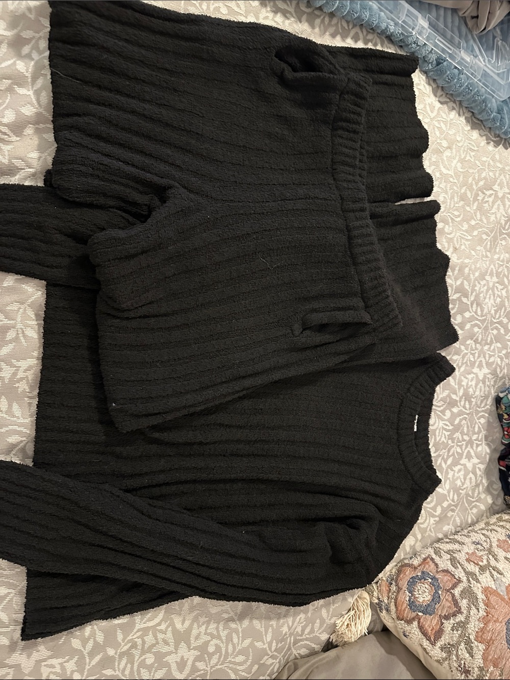 Cozy Black Ribbed Wide-Leg Pants and sweater top. 2 piece.